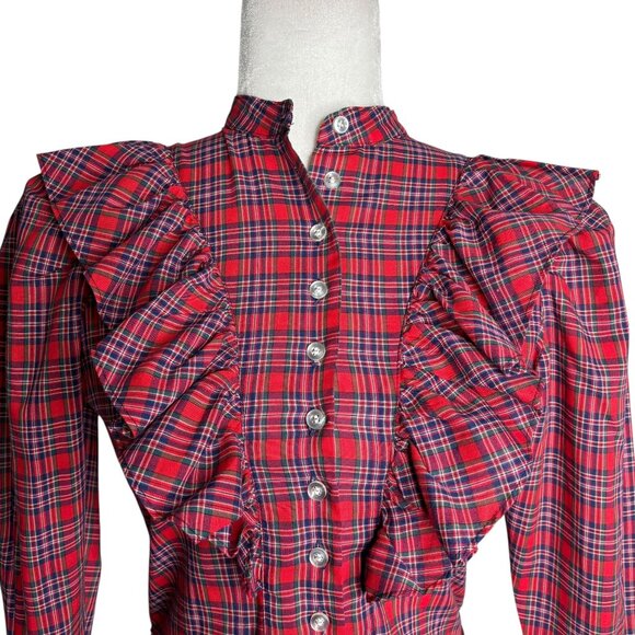 Vintage 80s Nordstrom Point Of View Red Plaid Ruffle Button-Up Blouse Size XS - Picture 2 of 6